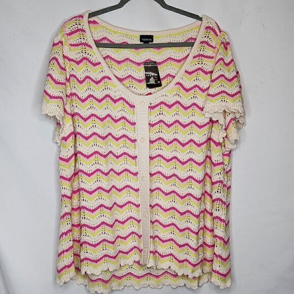 6X 30W Torrid Pink Crochet Sweater Flutter Sleeve Pointelle Pullover Open Knit d - Picture 2 of 9